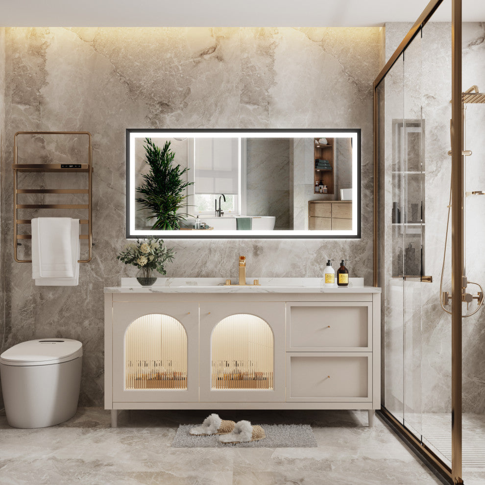 Beveled Bathroom LED Mirror Framed, Backlit and Front Light, Matte Black, 60"x28"