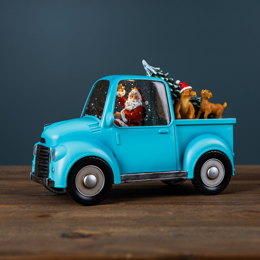 LED Snow Globe Truck With Santa and Dogs 8.75"H