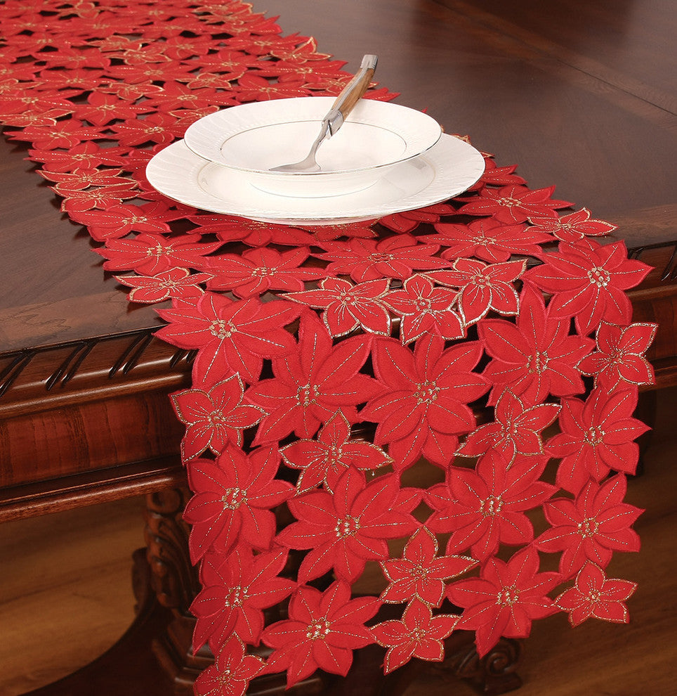 Festive Poinsettia Embroidered Cutwork Christmas Table Runner, 15"x70"