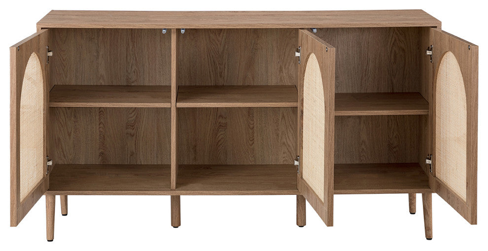 3-doors Modern Sideboard Cabinet With Rattan Design, Oak