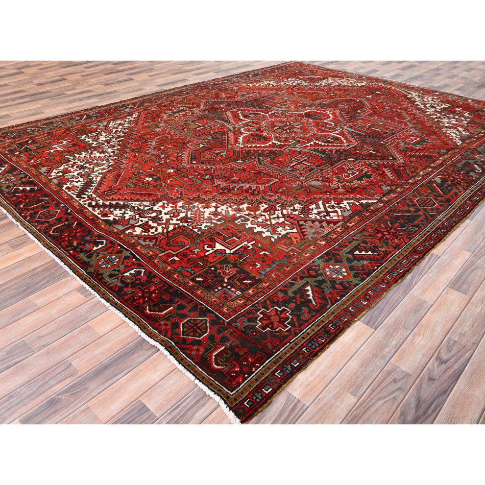 Barn Red Pure Wool Hand Knotted Vintage Persian Heriz Oriental Rug 9'9"x12'5"