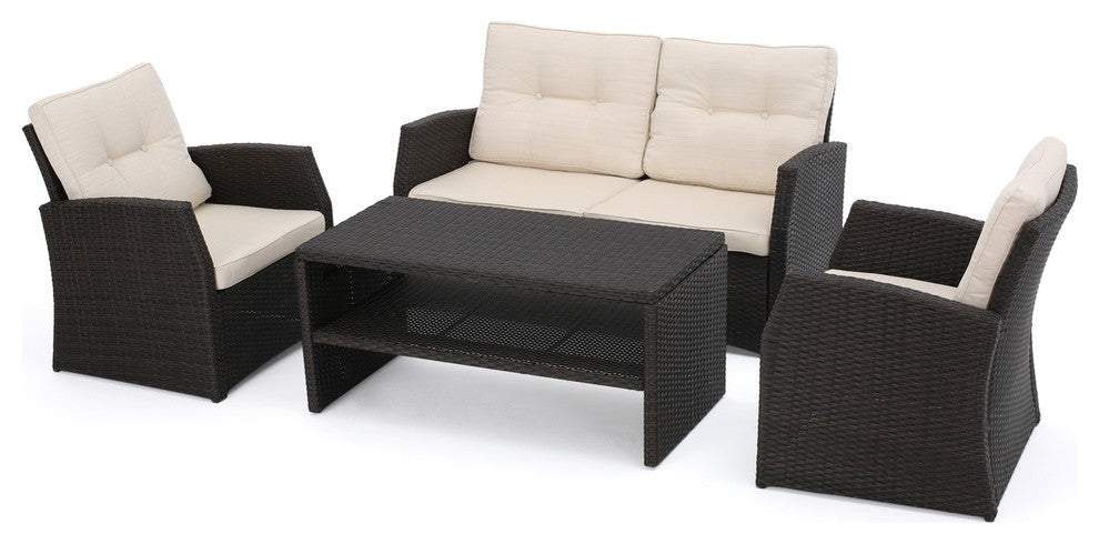 GDF Studio 4-Piece Del Norte Outdoor Wicker Chat, Beige Water Resistant Set
