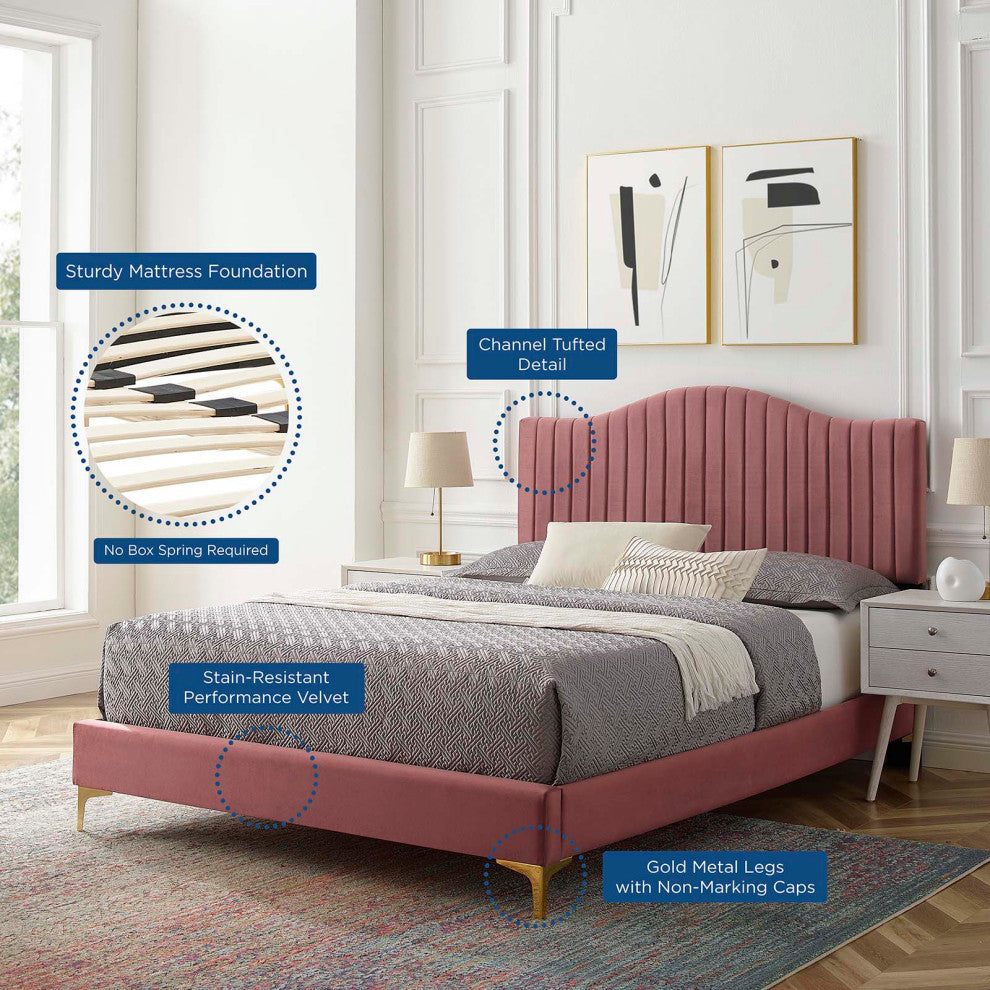 Tufted Platform Bed Frame, Queen Size, Velvet, Pink, Modern Contemporary
