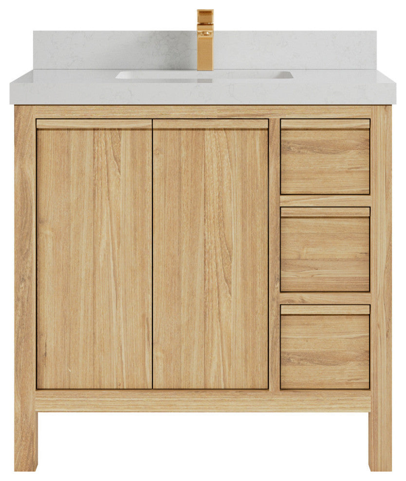 Elizabeth 36 Center Sink Bath Vanity in Light Natural Teak 2" Carrara Quartz
