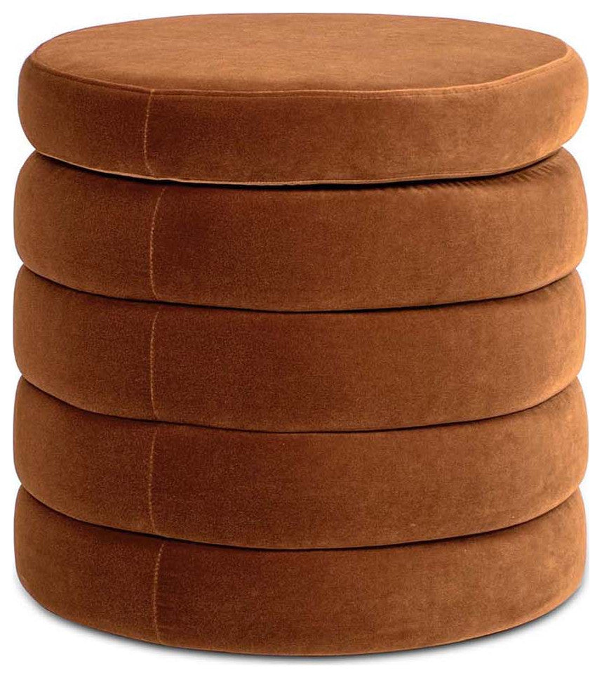 Fuji 19" Oversized Horizontal Tufted Round Storage Ottoman, Burnt Orange Velvet