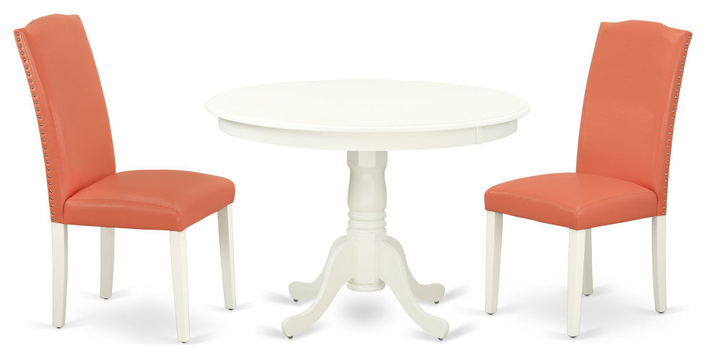 3Pc Rounded 42" Dining Table, 2 Parson Chair, Pu Leather Color Pink Flamingo