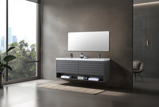 Matera Wall Mount Modern Bathroom Vanity, Charcoal, 72", White Countertop