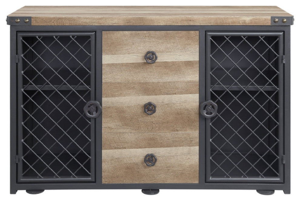 Benzara BM275723 Sideboard Buffet Cabinet, 3 Drawer, Mesh Doors, Nailhead, Oak