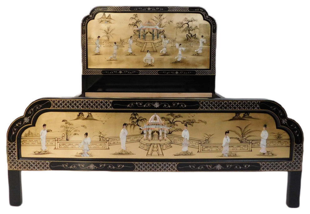 Oriental Gold Leaf Mother Of Pearl Palace Queen Bed In Chinese Black Lacquer