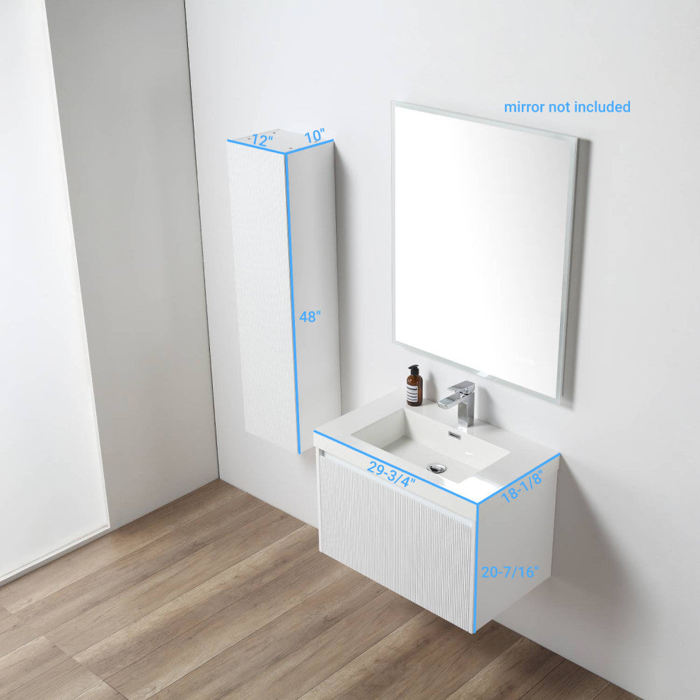 Floating Bathroom Vanity with Sink, Wall Mounted Vanity, White, 30" W/ Sink, Side Cabinet
