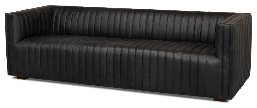 Everett Sofa Modern Channel Tufted Black Leather Couch