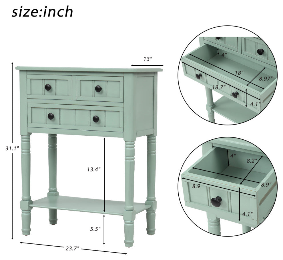 Narrow Console Table with Three Storage Drawers, Antique Blue