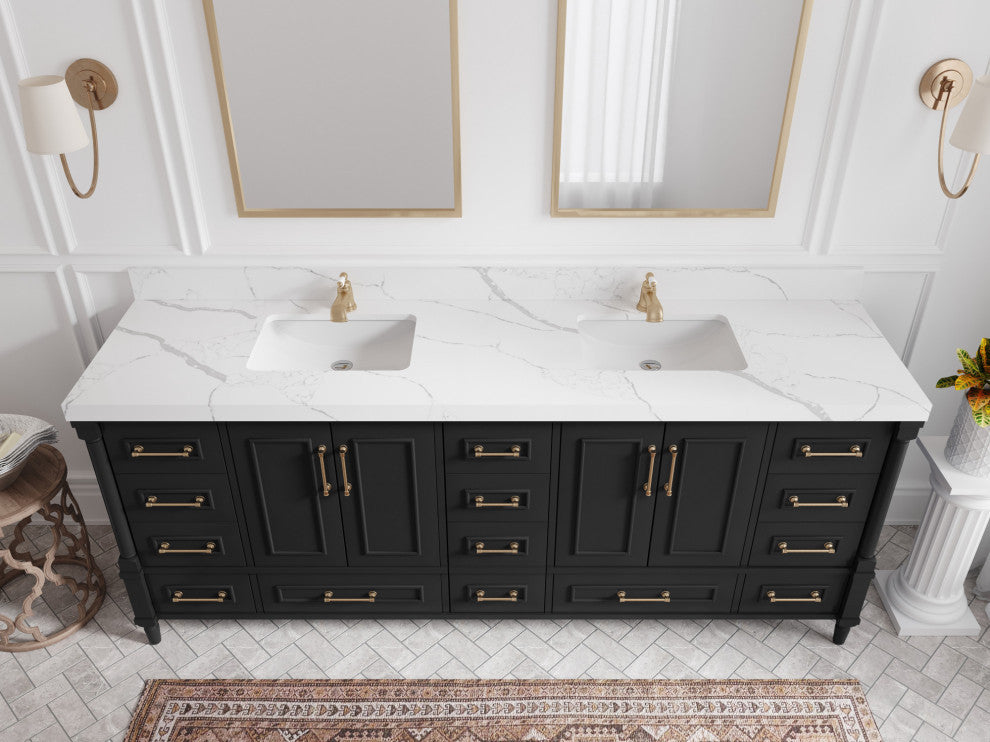 Aberdeen 84 Double Sink Bath Vanity in Black 2" Calacatta Nuvo