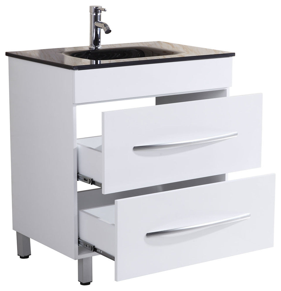 Style 4, 30"W White Vanity Sink Base Cabinet, Mirror, LV4-30W