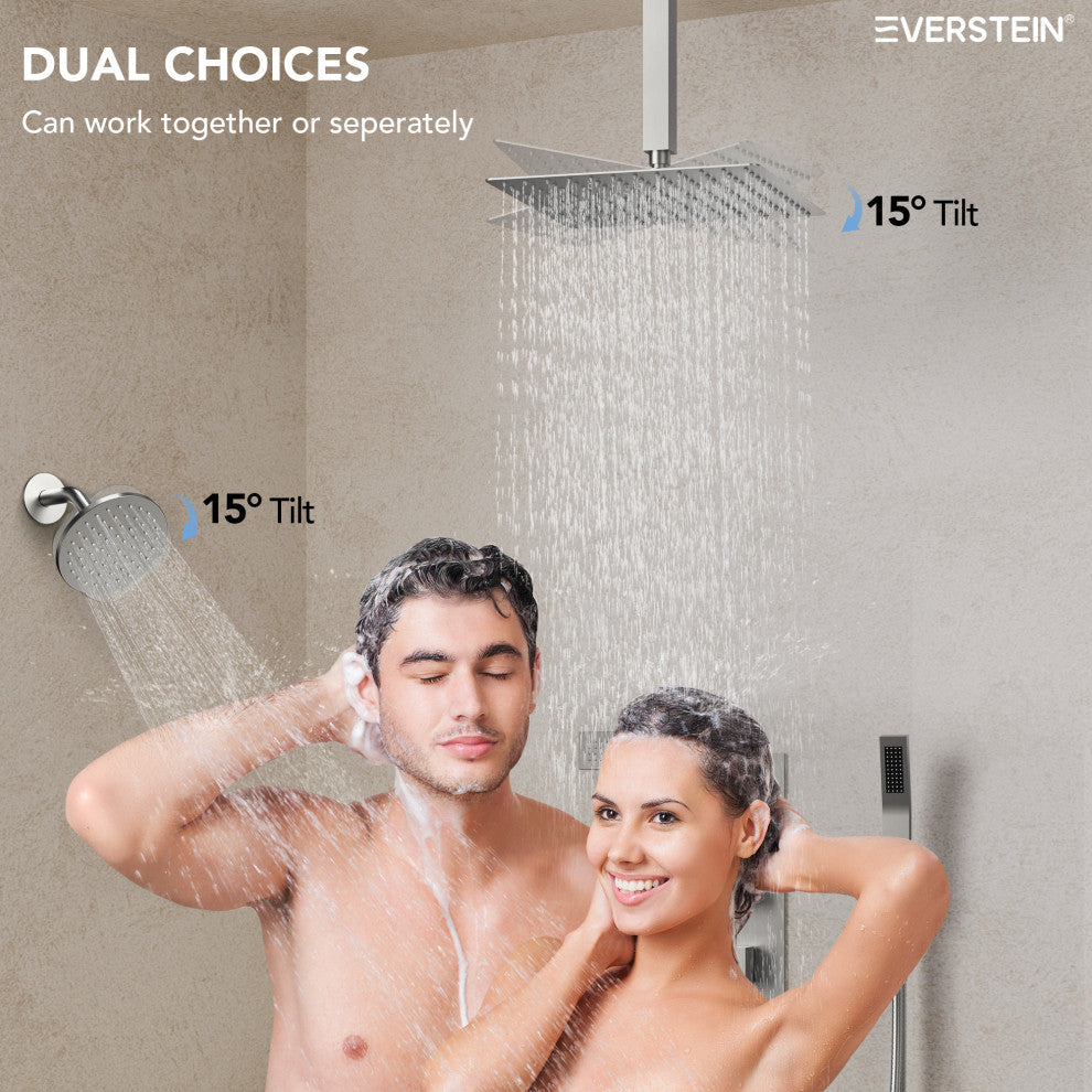 Thermostatic Dual Heads 12" Rainfall Shower System With 3 Body Jets, Brushed Nickel