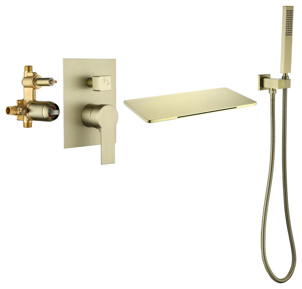 Wellfor Shower Faucet Set, Handheld Shower and Waterfall Tub Spout, Brushed Gold