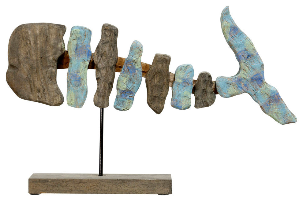 Fish Bone Hand Colored Natural Wood Fish Sculpture on Stand, Short