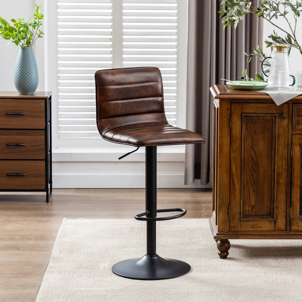 1 x Horizontal Stitched Faux Leather Bar Stool, Dark Brown