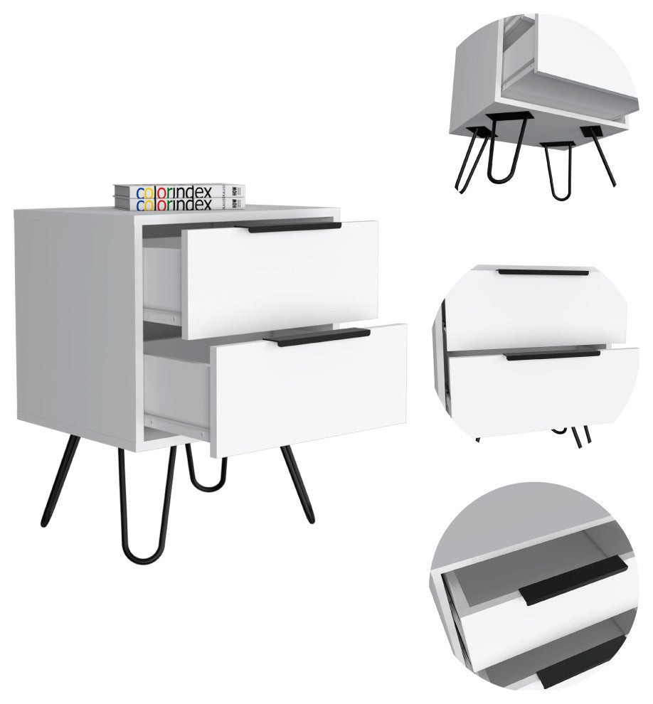 Nuvo 22-inch Tall Nightstand with 2 Drawers, and Hairpin Legs, White