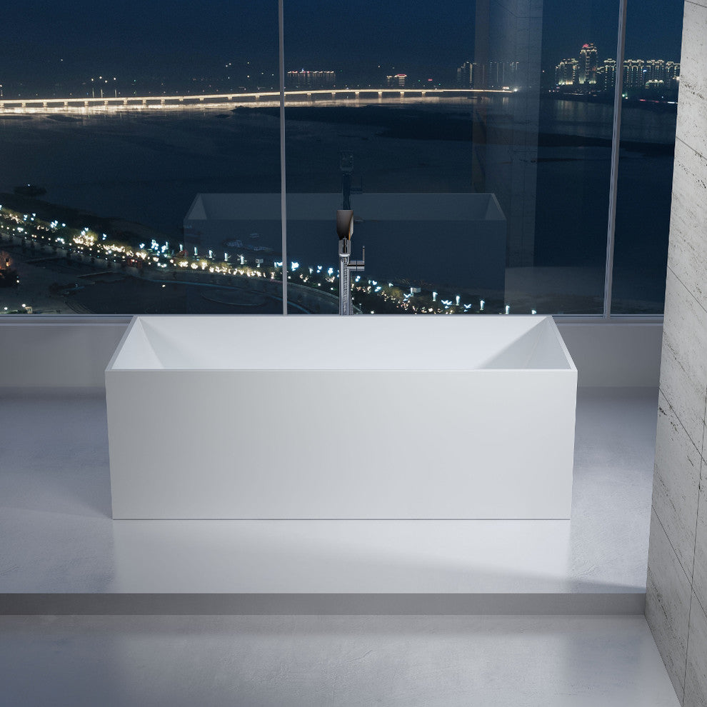 66" Polystone Rectangular Free-Standing Bathtub, Glossy White, No Faucet