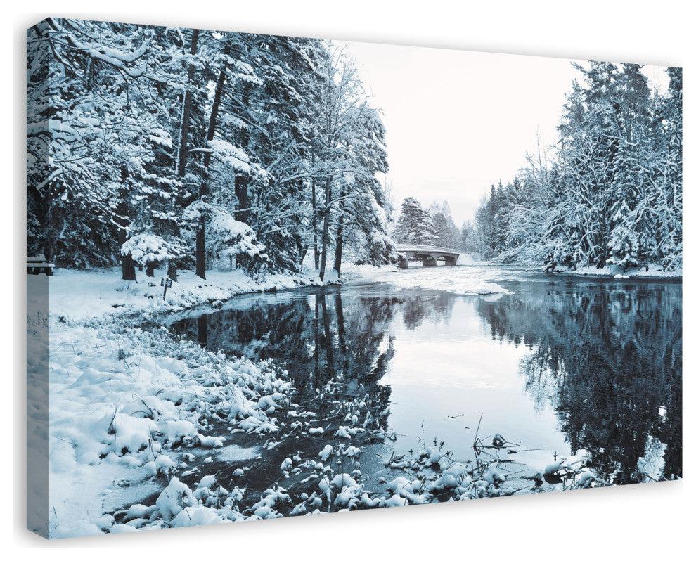 Snowy Park Lake Pine Trees 36x24 Canvas Wall Art