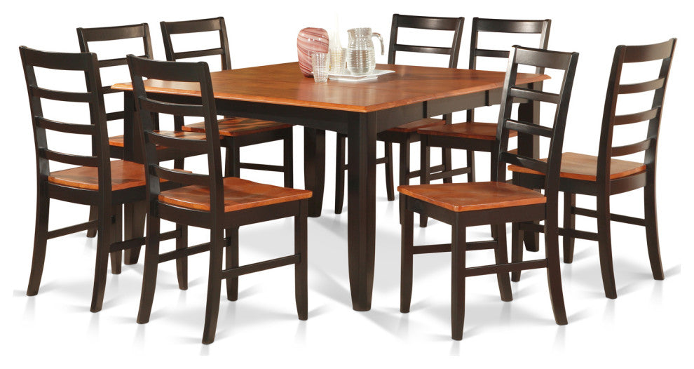 Parf9-Blk-W, 9-Piece Dining Set, Square Table With Leaf and 8 Dining Chairs