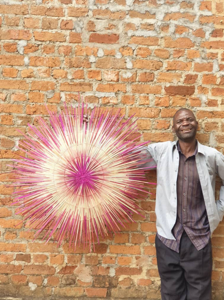 Global Crafts Sun Circle Wall Decor, Artisan Crafted, Malawi, Pink Burst