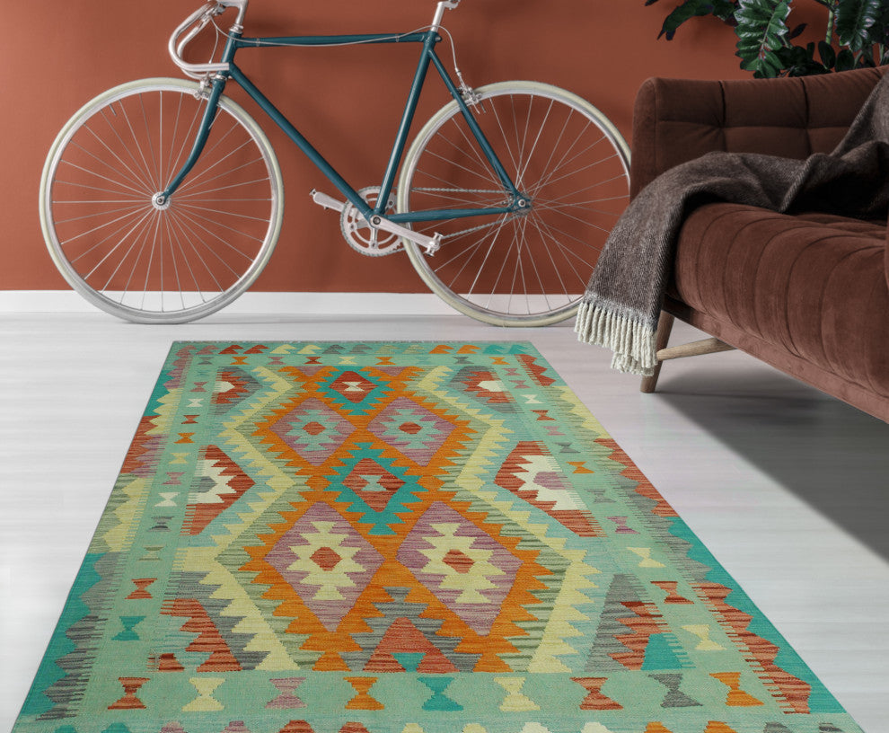 Sangat Flatweave Harry Green/Orange Rug, 4'9 x 6'6