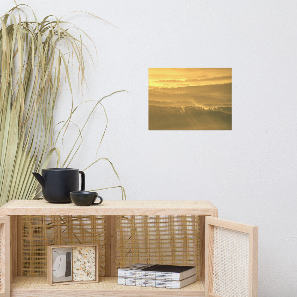 Golden Mist Valley - Hills & Mountain Range Landscape Wall Art Prints, 12" X 16"