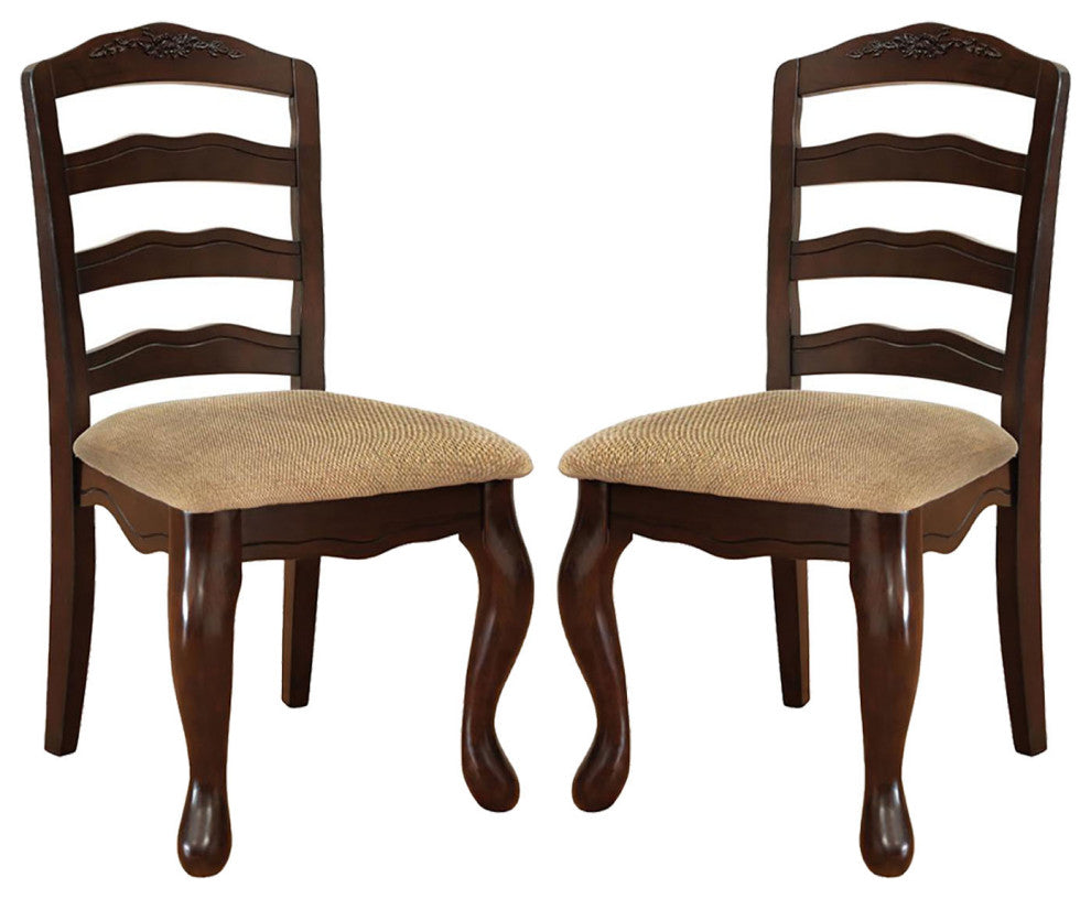 Set of 2 Padded Seat Dining Chair, Dark Walnut and Tan