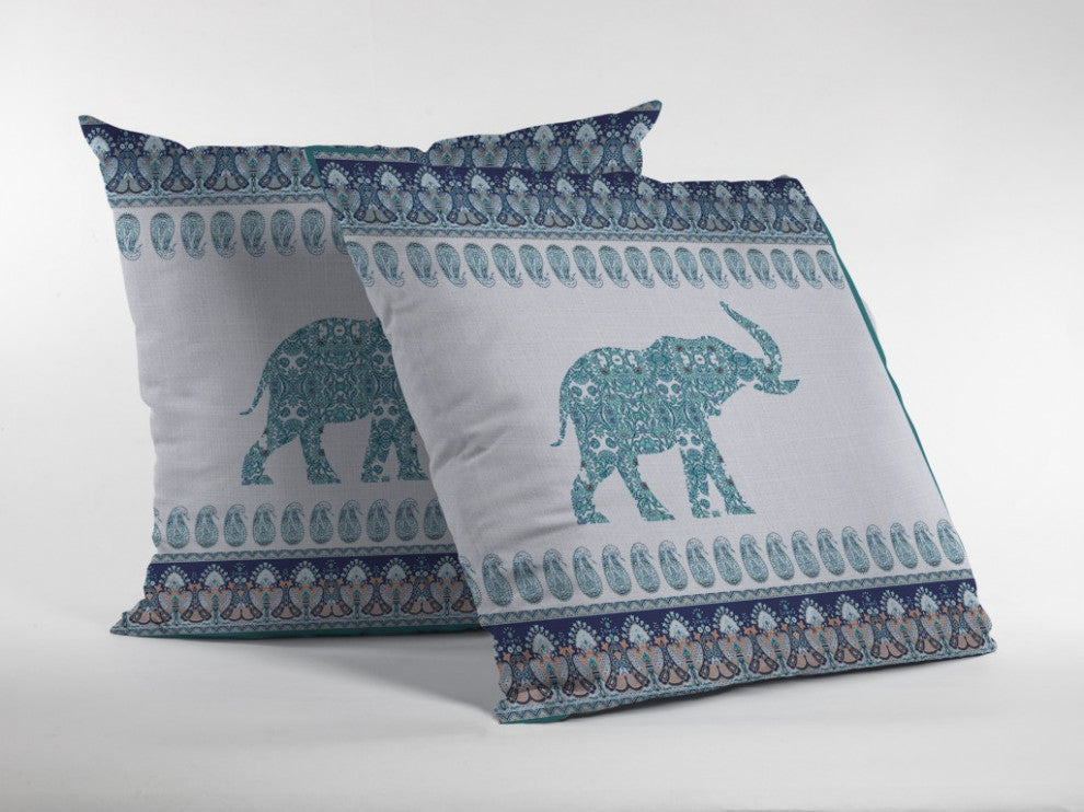 18" Teal Ornate Elephant Suede Throw Pillow