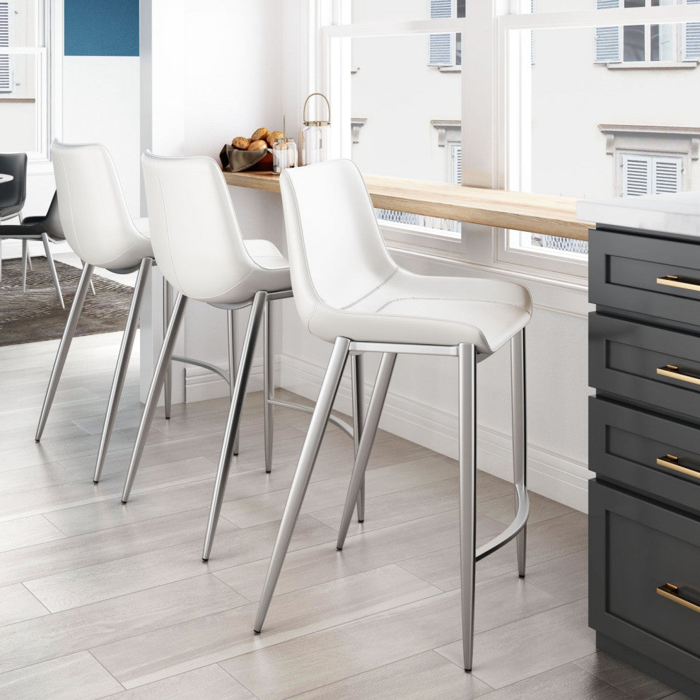 Counter Stool Chair, Set of 2, Faux Vinyl Leather, Steel, White, Silver, Cafe