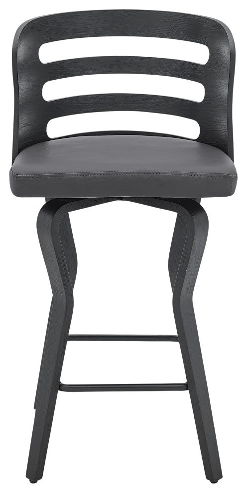 Benzara BM245955 Verne 26" Swivel Gray Faux Leather and Black Wood Bar Stool