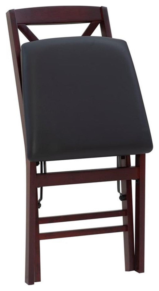 Linon Triena X-Back Set of 2 Folding Chairs Faux Leather Seat in Merlot Wood
