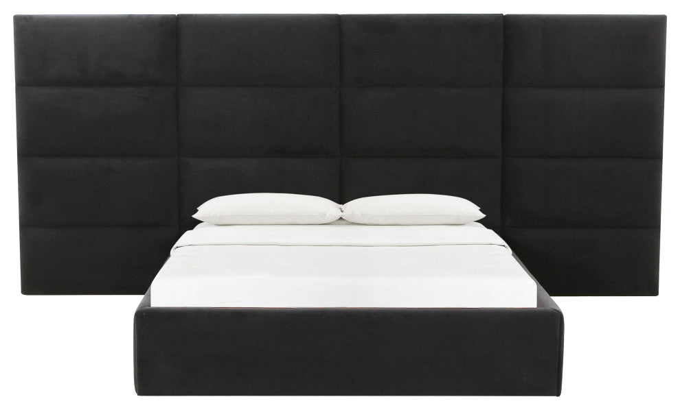 Eliana Black Velvet Queen Bed with Wings - Black