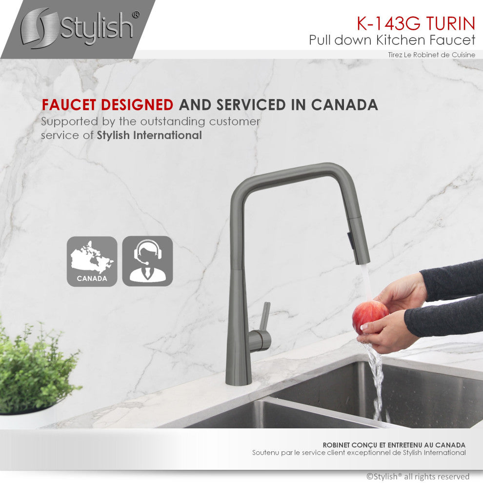 STYLISH Modern Single Handle  Pull Down Sprayer Kitchen Faucet in Gunmetal