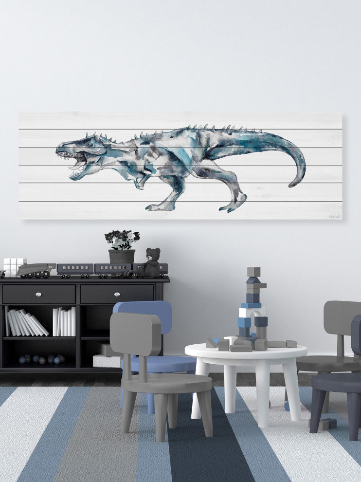 "Fierce Dinosaur" Painting Print on White Wood, 30x10