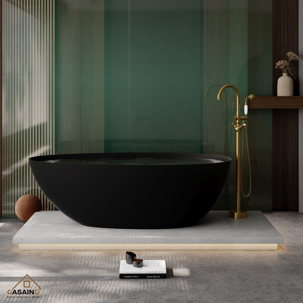 67in Solid Surface Freestanding Bathtub in Matte White, Matte Black