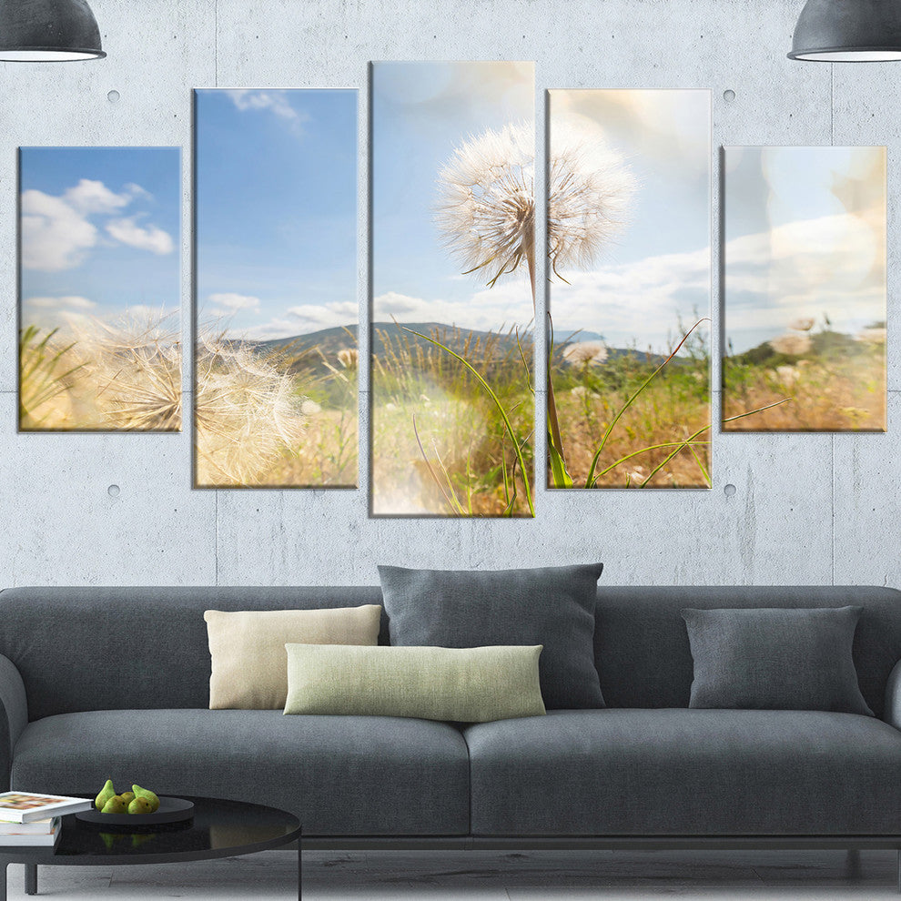 Blooming Dandelion under Bright Sky, Floral Canvas Art Print, 60"x32", 5 Panels