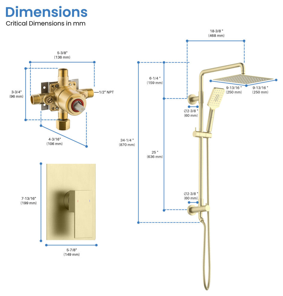 Cube 2-Function Shower Column, Rough, Valve, Brushed Gold