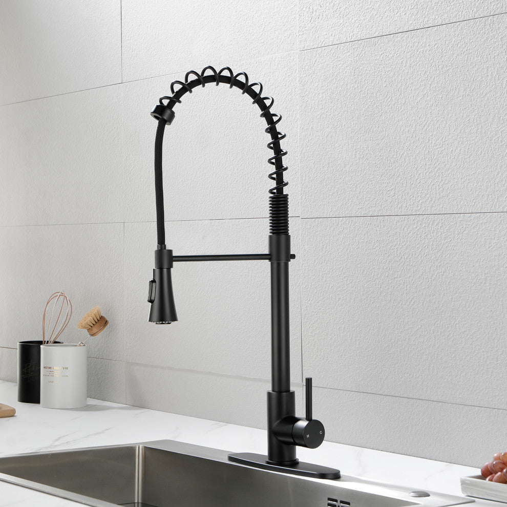Wellfor Stainless Steel Pull Down Kitchen Faucet With Deck Plate, Matte Black