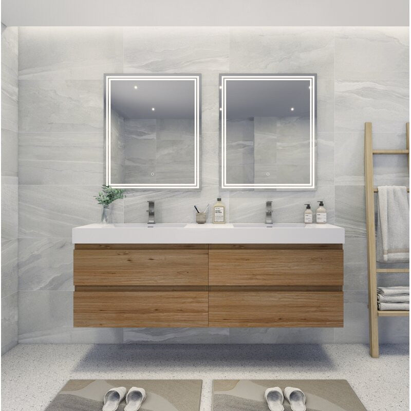 84" Double Sink Wall Mount Vanity, Acrylic Sink, Natural Oak