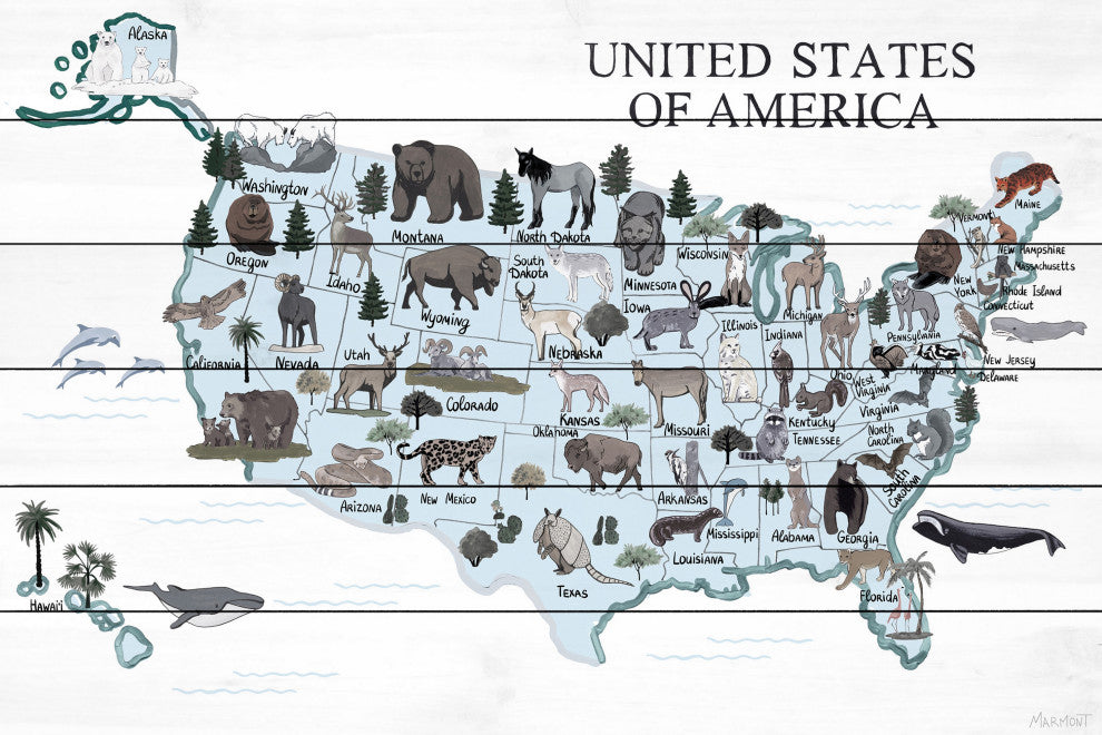 "Blue Animals Map" Painting Print on White Wood, 60x40