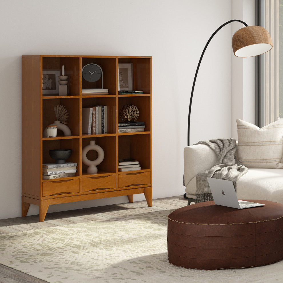 Harper Solid Hardwood Cube Storage With Drawers, Teak Brown, 42"
