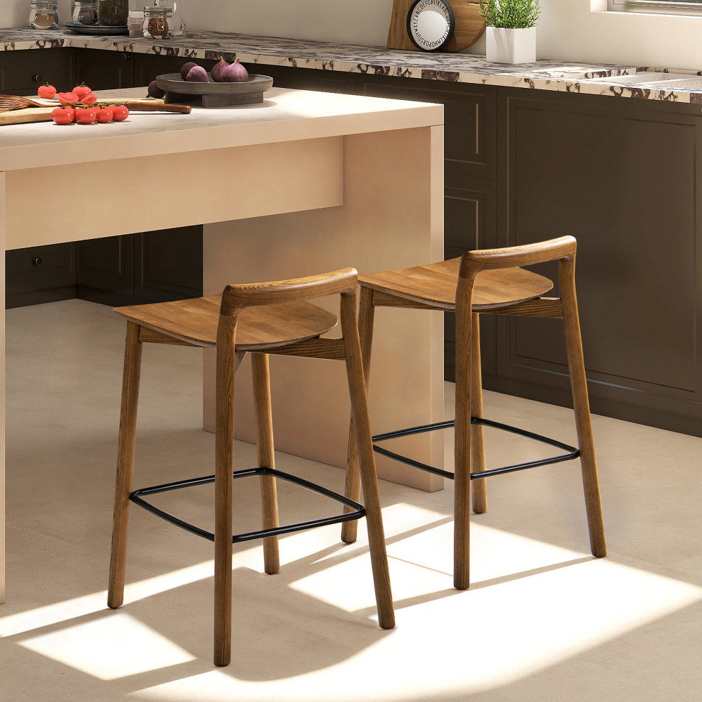 Sven 26.5" Low Back Solid Ash Wood Counter Stool, Dark Brown Walnut