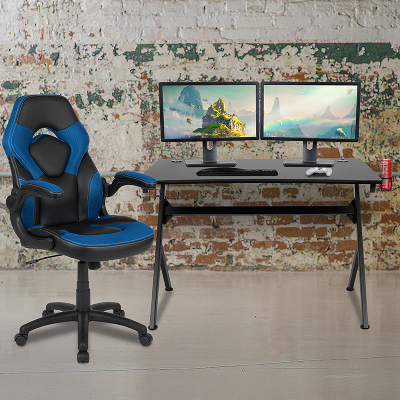 Gaming Desk & Blue Racing Chair Set w/Cup Holder, Headphone Hook & 2 Wire Holes