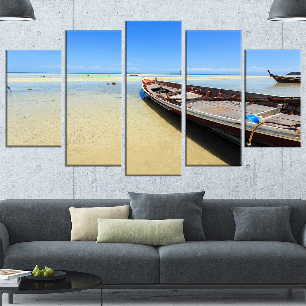 Traditional Thai Boat on Beach, Seashore Canvas Art Print, 60"x32", 5 Panels