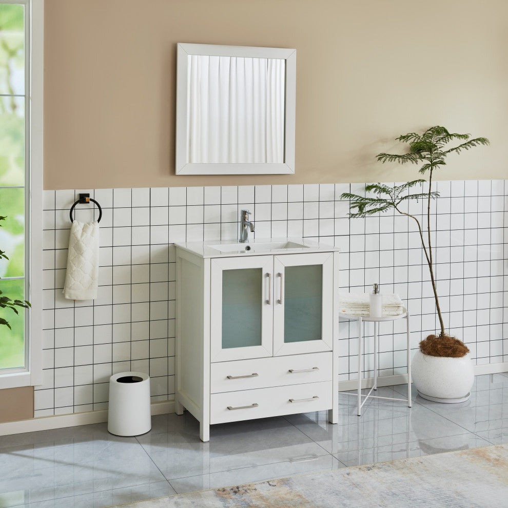 Vanity Art Single Vanity Set With Ceramic Top, 30", White, Standard Mirror