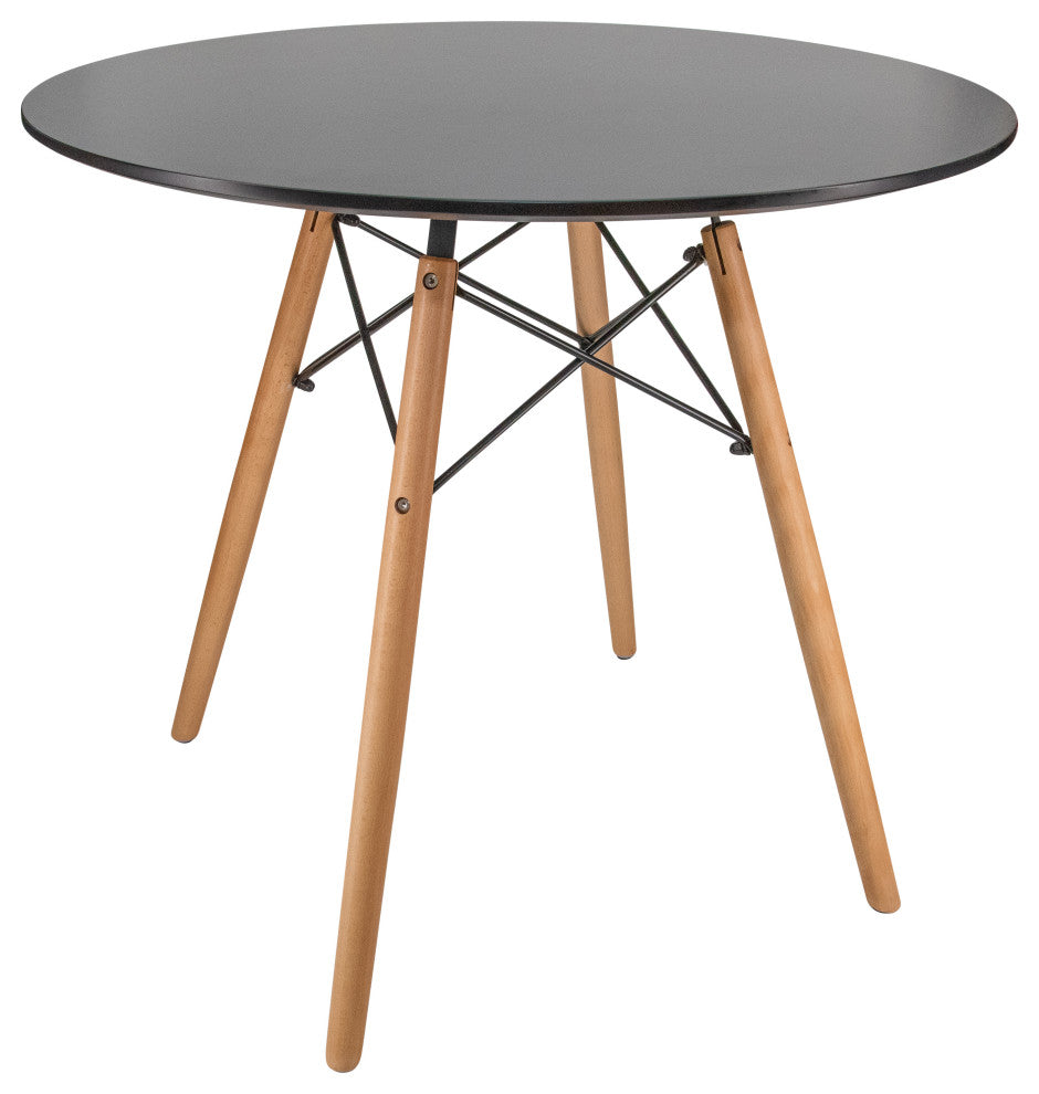 LeisureMod Dover Round Bistro Dining Table With Natural Wood Eiffel Base, Black