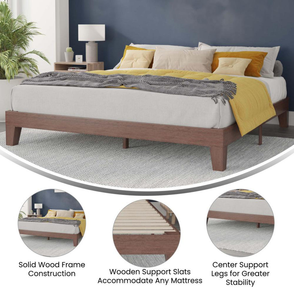 Evelyn Wood Platform Bed with Wooden Support Slats, No Box Spring Required, Walnut, King